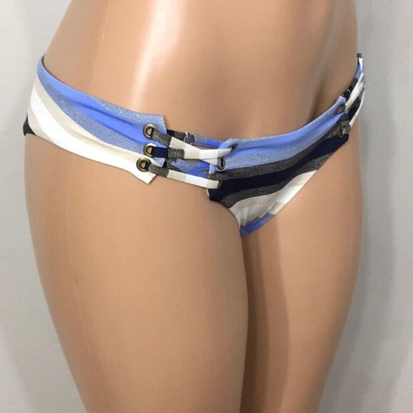 Rare. PILYQ metallic navy, blue, tan, cream stripe lace up bikini. NWT - Picture 6 of 14